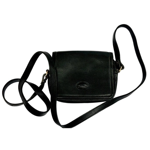 VTG 80s 90s LONGCHAMP Black Leather Crossbody Organizer  Purse Made in France - Picture 1 of 7
